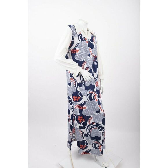 Vintage 60s Womans Maxi Hostess Dress L Dagger Collar Polka Dot Blue Red White - Picture 5 of 6